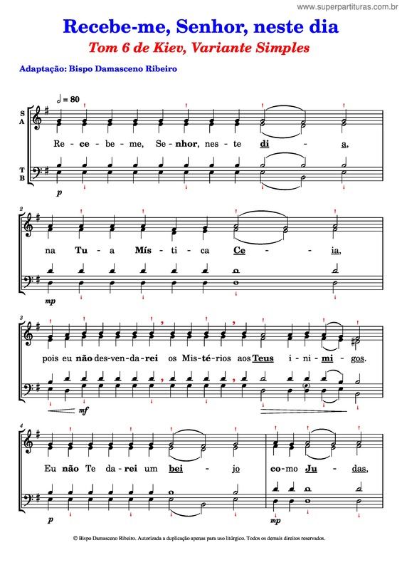 Partitura da música Recebe-Me, Senhor, Neste Dia, Tom 6 De Kiev, Variante Simples