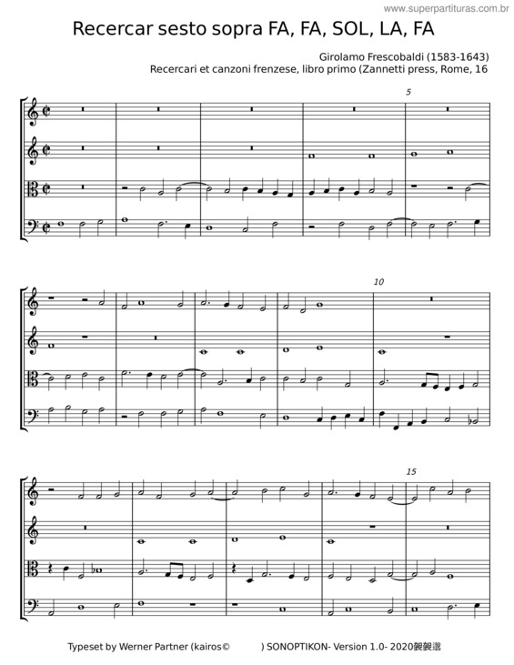 Partitura da música Recercar Sesto Sopra Fa, Fa, Sol, La, Fa – Girolamo Frescobaldi
