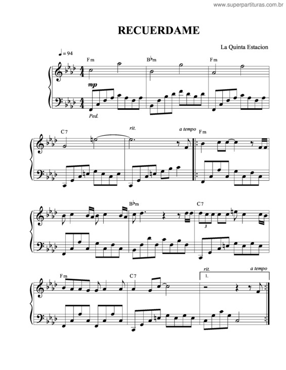 Partitura da música Recuerdame