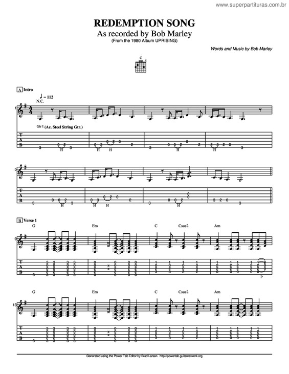 Partitura da música Redemption song