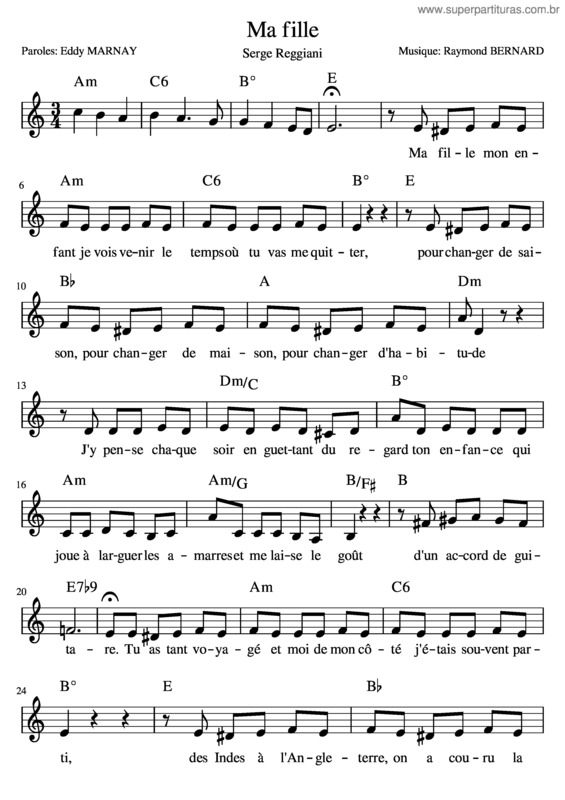 Partitura da música Reggiani  – Ma Fille