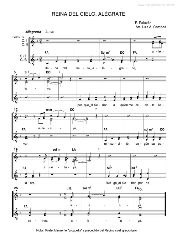 Partitura da música Reina Del Cielo, Alégrate