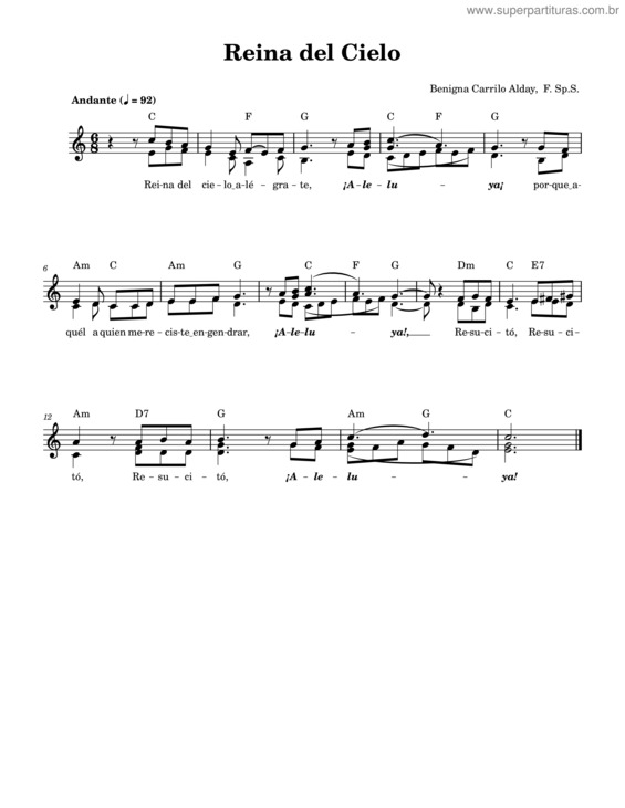 Partitura da música Reina Del Cielo  Benigna Carrilo Alday, F.Sp.S.