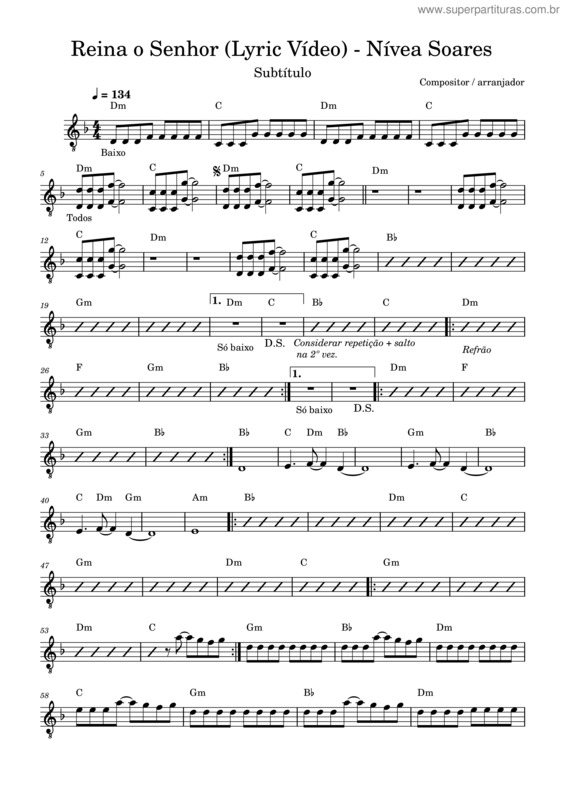 Partitura da música Reina O Senhor