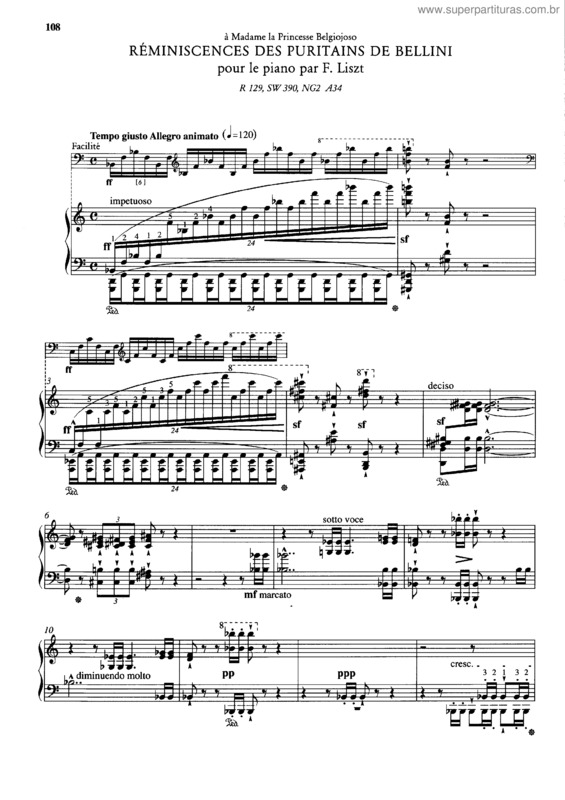 Partitura da música Reminiscences des Puritains