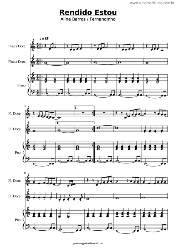 Partitura da música Rendido Estou – Dó Maior_Flautas E Piano