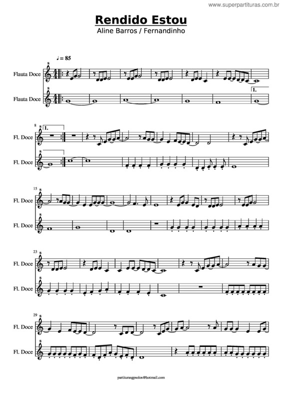 Partitura da música Rendido Estou – Dó Maior_Flautas