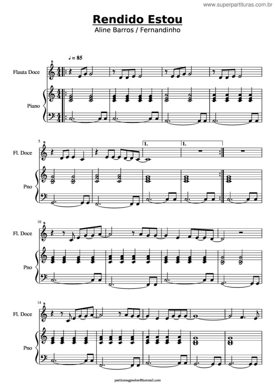 Partitura da música Rendido Estou – Dó Maior_Piano