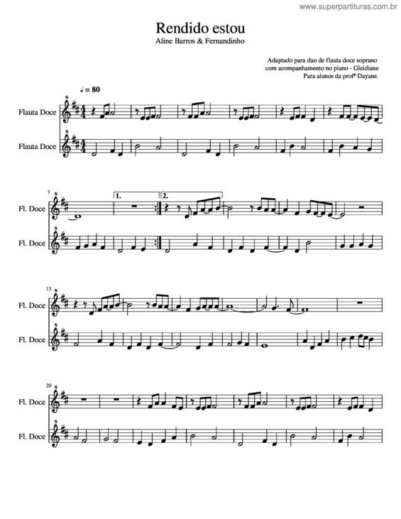 Partitura da música Rendido Estou – Ré Maior_Flautas