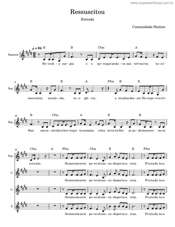 Partitura da música Ressuscitou – Comunidade Católica Shalom v.2