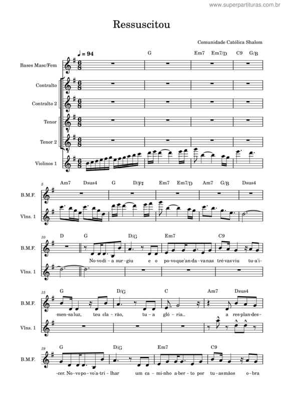 Partitura da música Ressuscitou – Comunidade Católica Shalom
