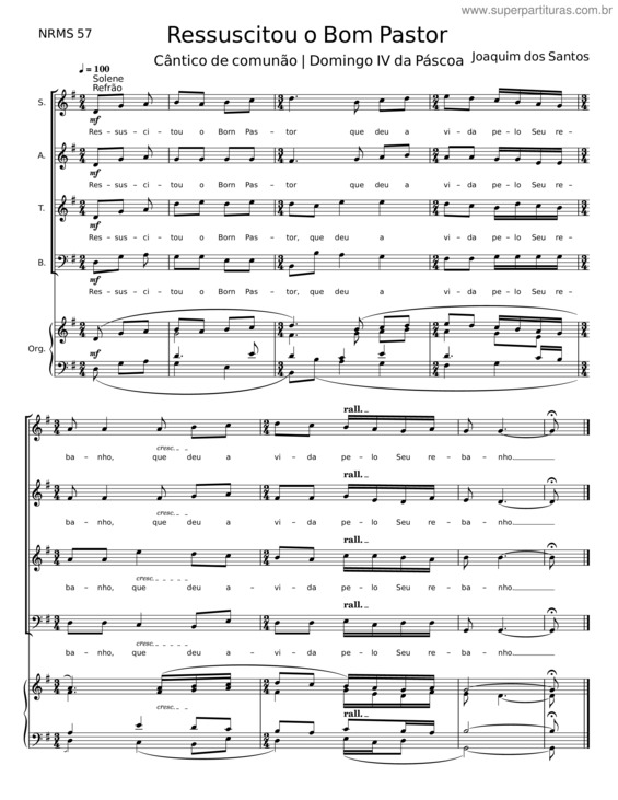 Partitura da música Ressuscitou O Bom Pastor – Joaquim Dos Santos