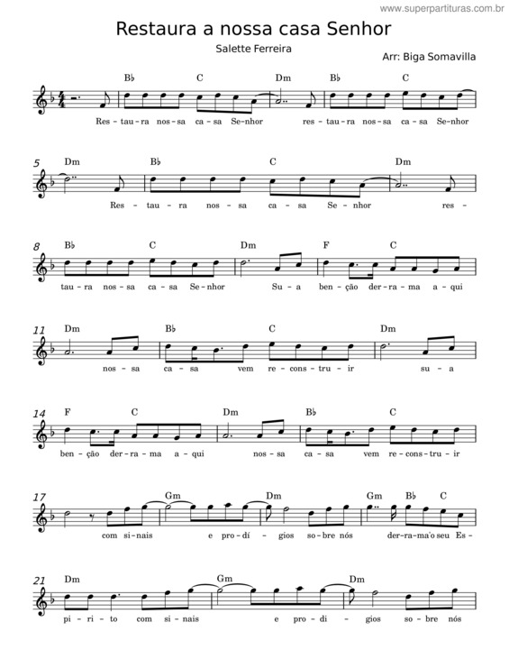Partitura da música Restaura A Nossa Casa Senhor – Salette Ferreira