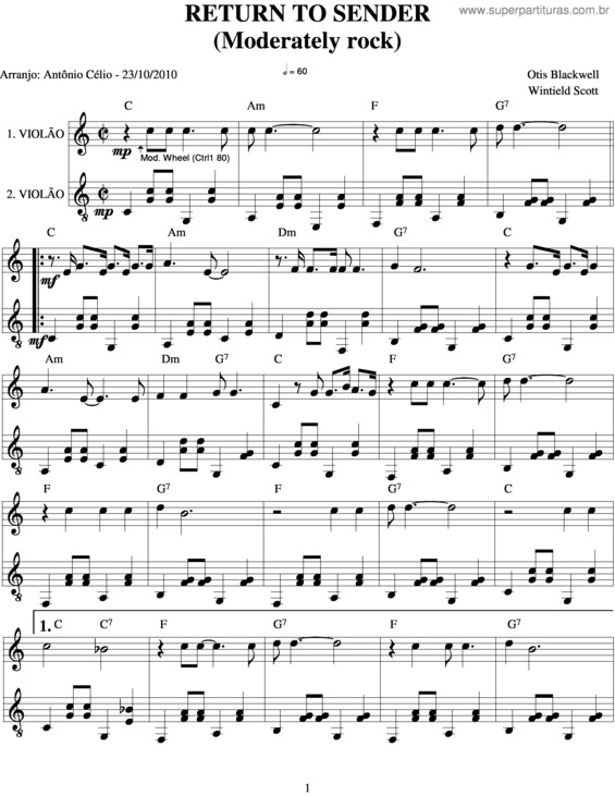 Partitura da música Return To Sender v.2