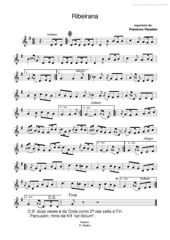 Partitura da música Ribeirana