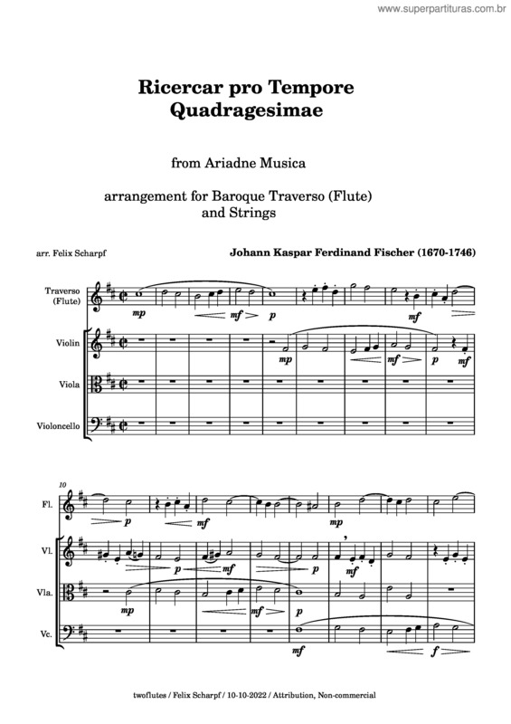 Partitura da música Ricercar Pro Tempore Quadragesimae  From Ariadne Musica – J. K. Ferdinand Fischer – Arr. For Flute And Strings