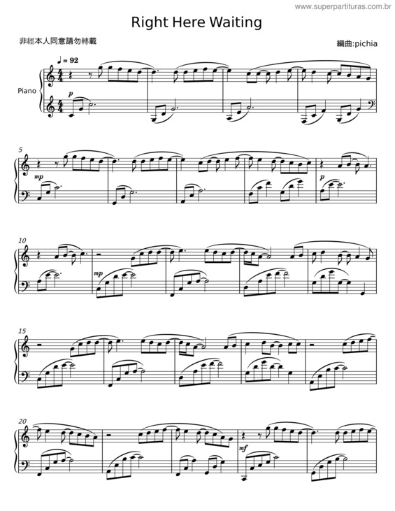 Partitura da música Right Here Waiting – Pichia