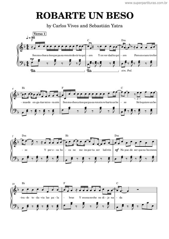 Partitura da música Robarte Un Beso – Carlos Vives, Sebastián Yatra