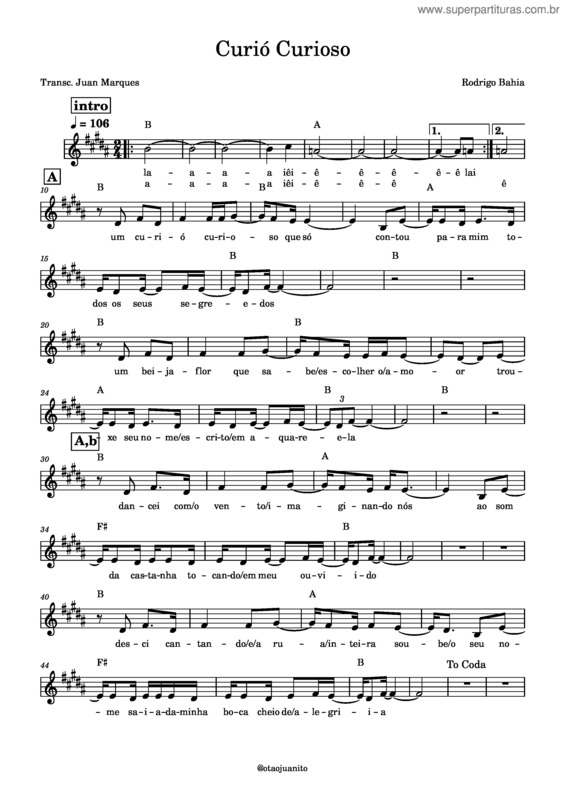 Partitura da música Rodrigo Bahia – Curió Curioso