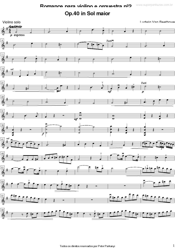 Partitura da música Romance para violino e orquestra Op. 40