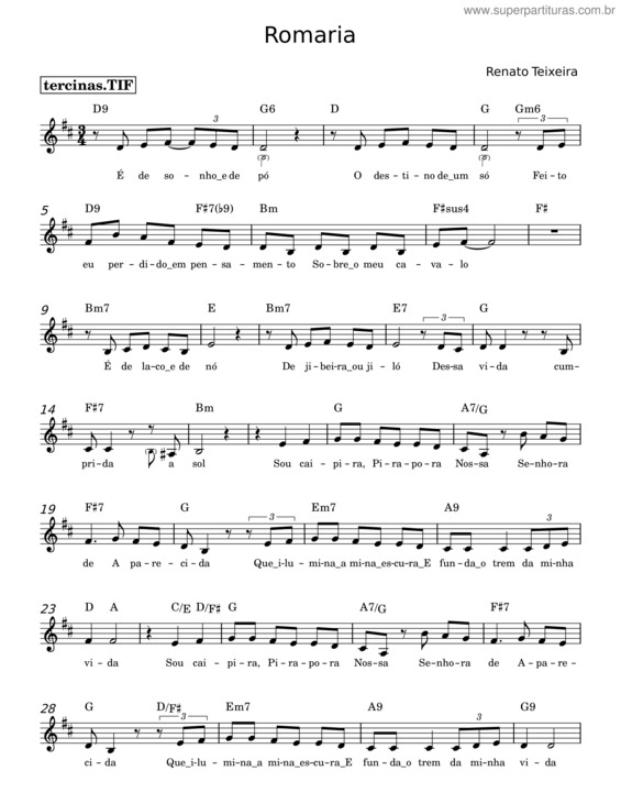 Partitura da música Romaria – Renato Teixeira