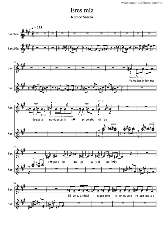 Partitura da música Romeo Santos – Eres Mia Duo Saxo