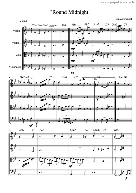 Partitura da música Round Midnight Quarteto