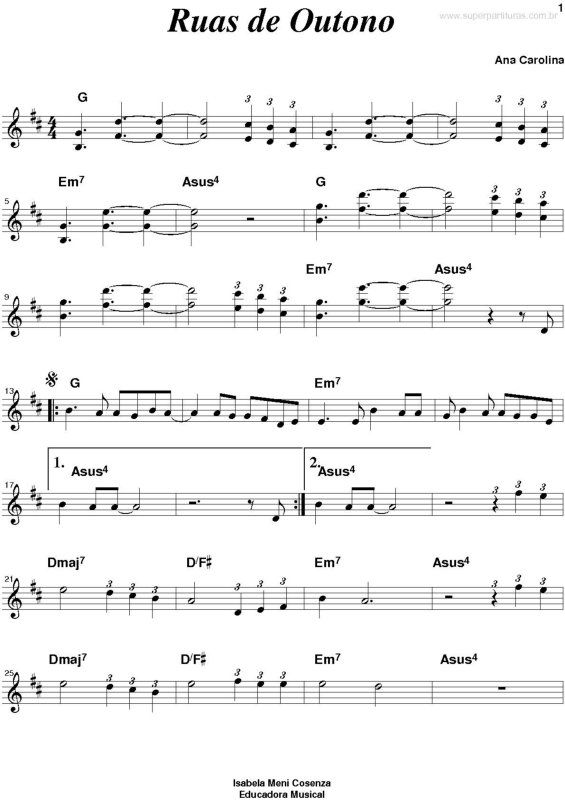 Partitura da música Ruas de Outono