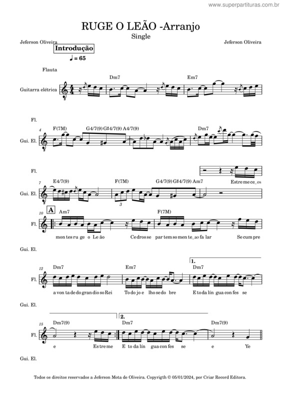 Partitura da música Ruge O Leão – Arranjo