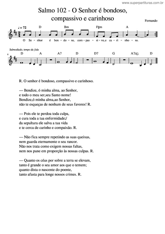 Partitura da música Salmo 102 – O Senhor É Bondoso, Compassivo E Carinhoso
