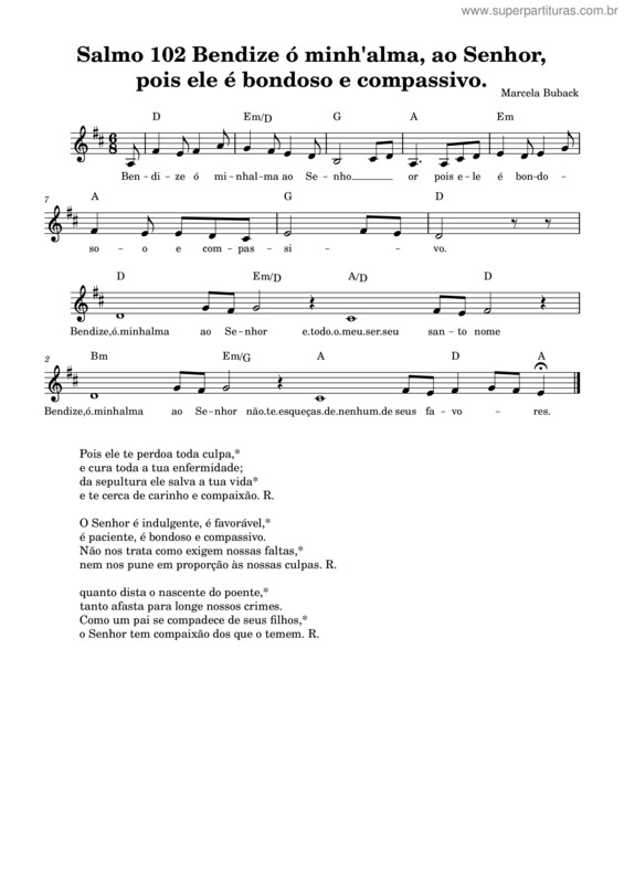 Partitura da música Salmo 102 Bendize Ó Minh`Alma, Ao Senhor,  Pois Ele É Bondoso E Compassivo