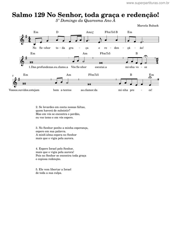 Partitura da música Salmo 129 No Senhor, Toda Graça E Redenção!
