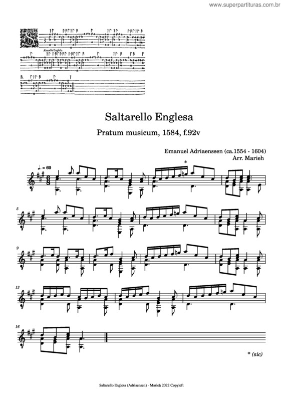 Partitura da música Saltarello Englesa – Emanuel Adriaenssen