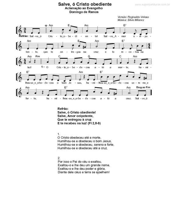 Partitura da música Salve, ó Cristo Obediente