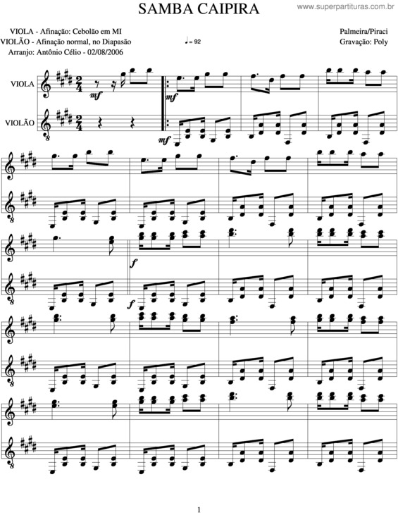 Partitura da música Samba Caipira