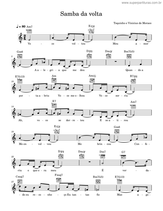 Partitura da música Samba Da Volta – Toquinho E Vinicius De Moraes