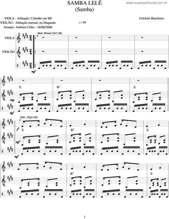 Samba Lelê Partitura  Músicas Para Crianças - Clave de C