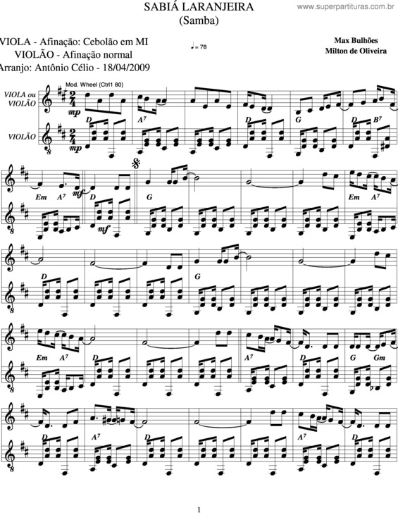 Partitura da música Sambiá Laranjeira