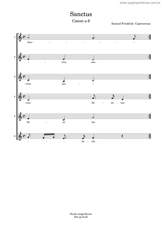 Partitura da música Sanctus – Canon A 6 – Samuel Friedrich Capricornus