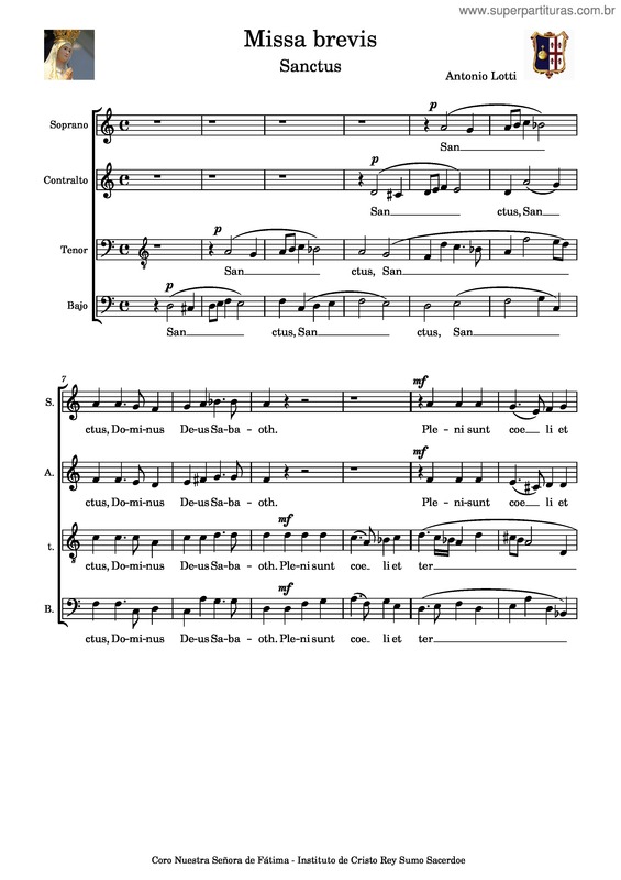 Partitura da música Sanctus – Missa Brevis – Antonio Lotti