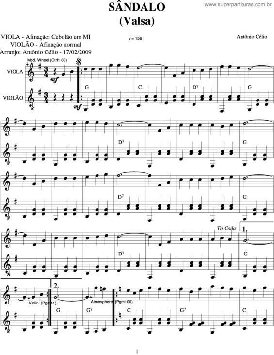 Partitura da música Sândalo