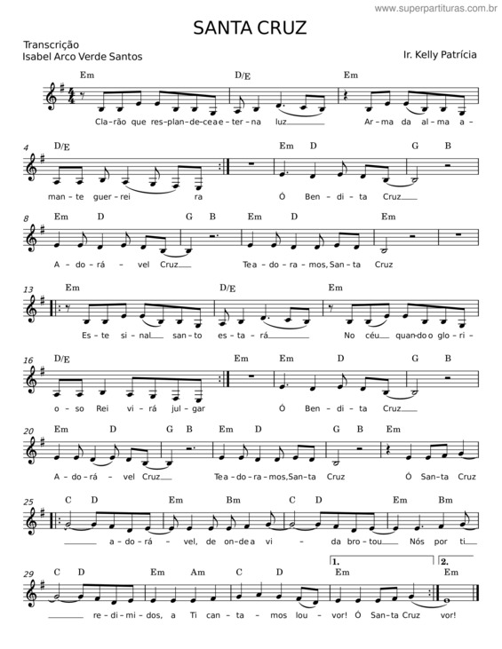 Partitura da música Santa Cruz – Kelly Patrícia;Isabel Arco Verde Santos