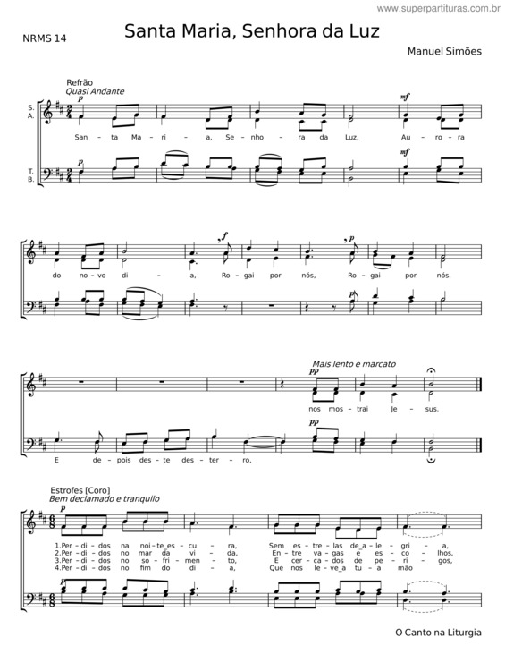 Partitura da música Santa Maria, Senhora Da Luz – Manuel Simões