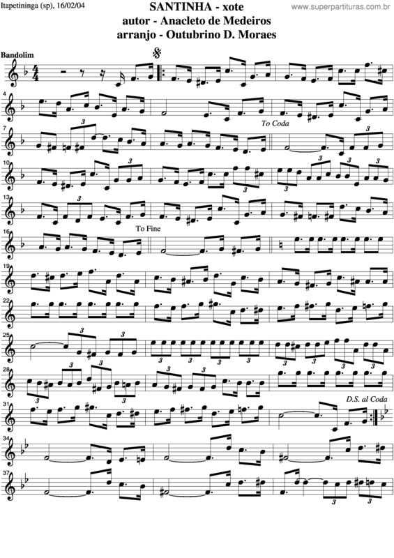 Partitura da música Santinha