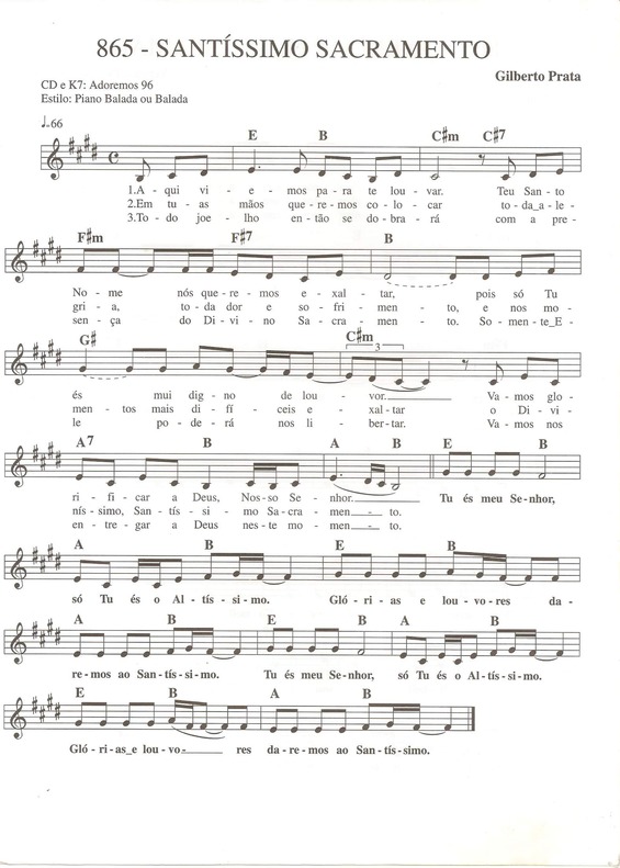 Partitura da música Santíssimo Sacramento