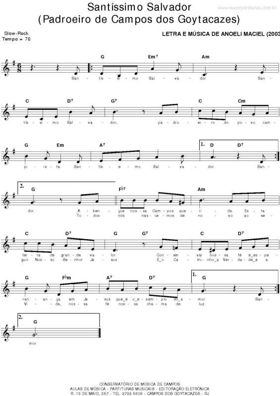 Partitura da música Santíssimo Salvador (Padroeiro de Campos dos Goytacazes)