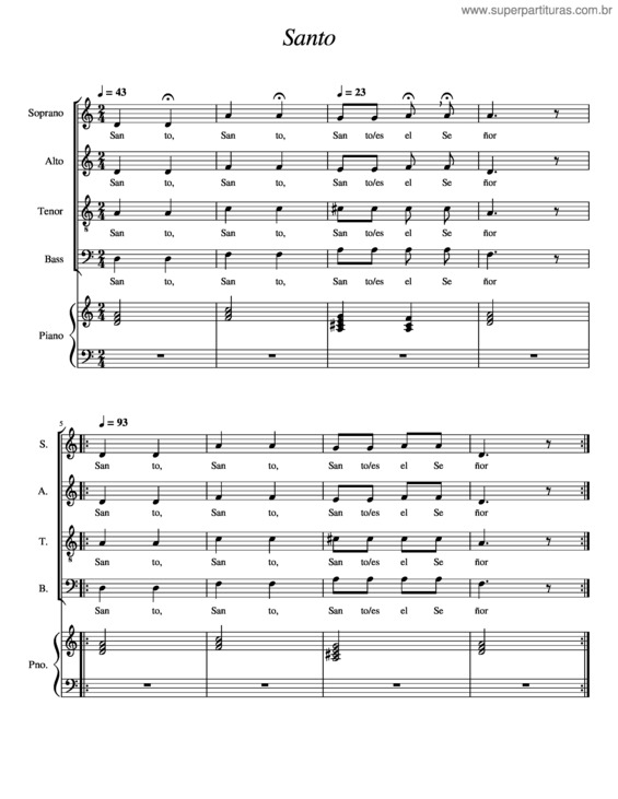 Partitura da música Santo...