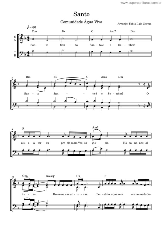 Partitura da música Santo – Comunidade Água Viva