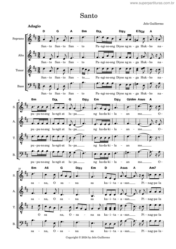 Partitura da música Santo – Jelo Guillermo