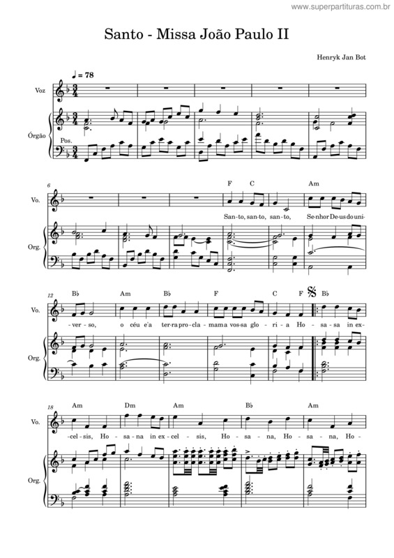 Partitura da música Santo – Missa João Paulo Ii